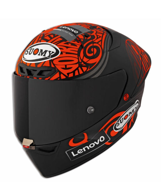 Black and red motorcycle helmet with Lenovo and Suomy branding on a white background